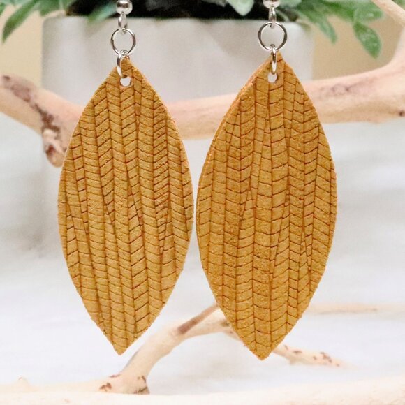 Mustard Yellow Textured Leather Petal Earrings - Picture 2 of 2